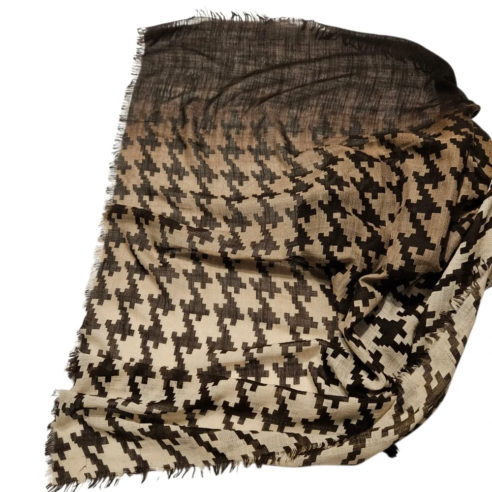 Houndstooth Scarf Beige Brown Women Fashion Accessory Wrap‎ Lightweight Shawl